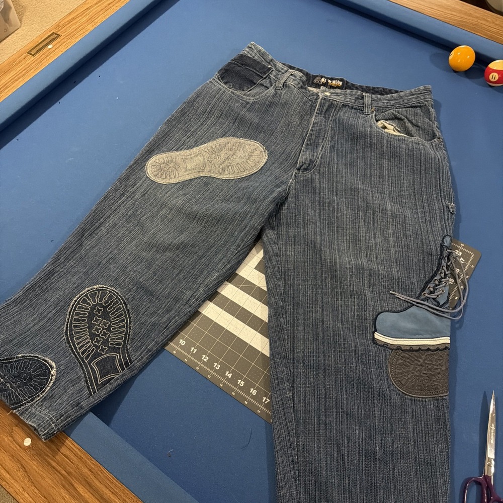 VTG Raw Blue Jeans Mens 40x25 Blue Linen Blend Boot Embroider 3/4 Length Shorts